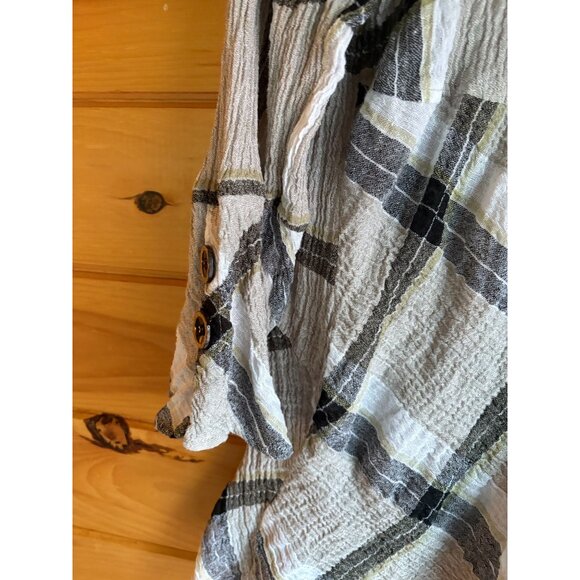 Habitat Womens Plaid Textured Linen Blend Top Size L Asymmetric Hem‎ Long Sleeve - Picture 7 of 12